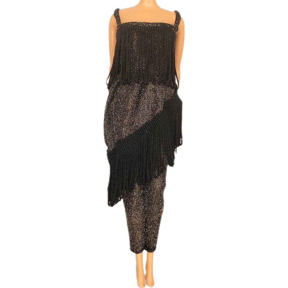 Barbie '80 Shillman Clone Fashion Jumpsuit Romper Black Gold Metallic Fringe Vtg